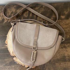Stella & Dot Taupe Leather and Suede Crossbody Saddle Bag